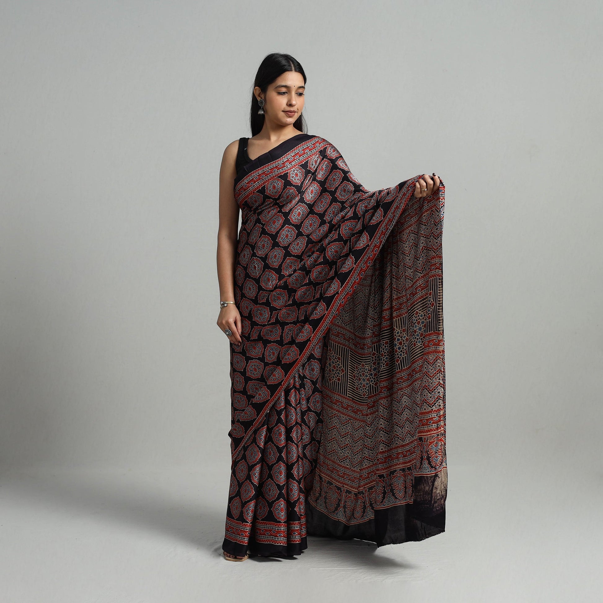 Black - Natural Dyed Hand Block Print Modal Silk Ajrakh Saree 16