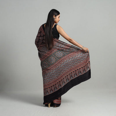 Black - Natural Dyed Hand Block Print Modal Silk Ajrakh Saree 16