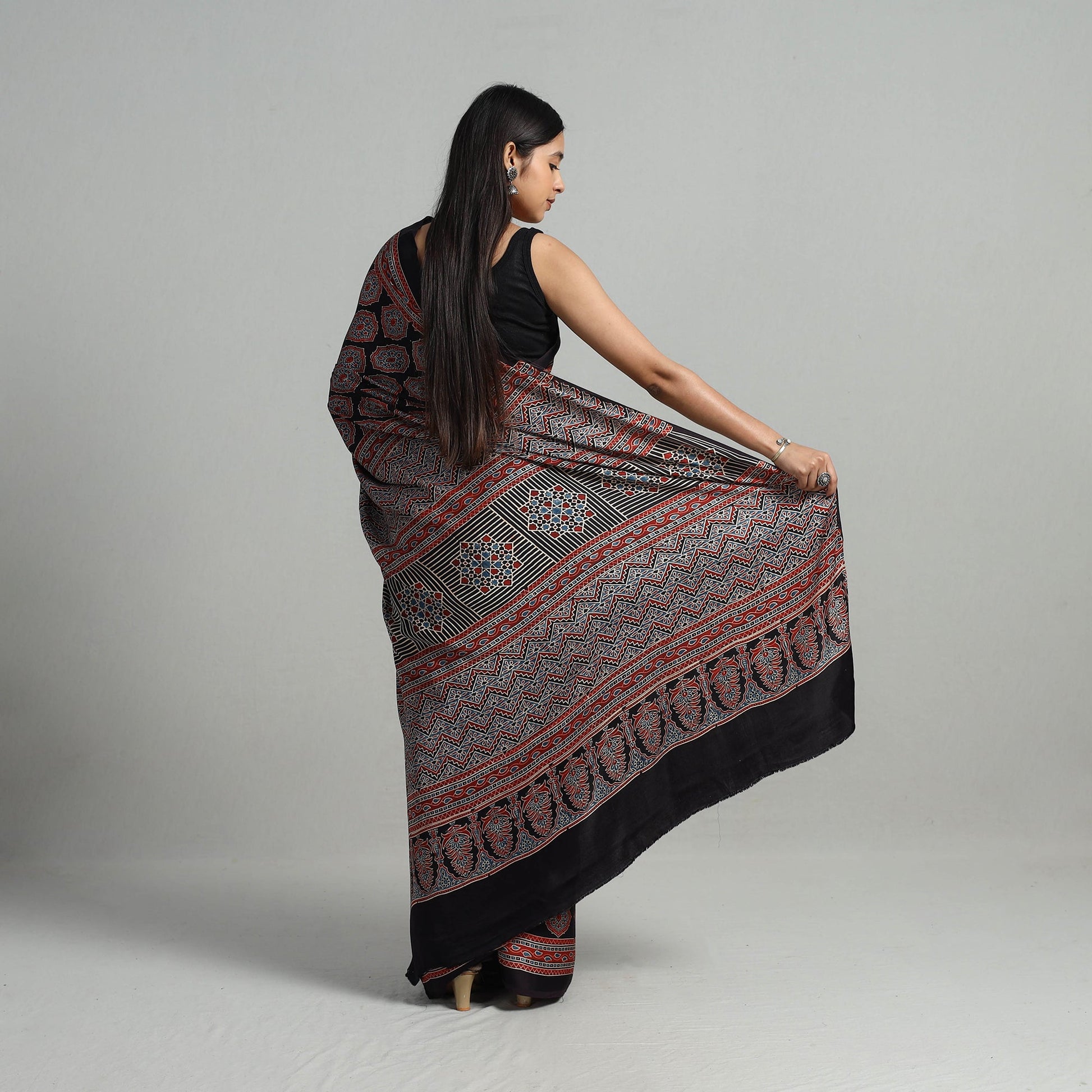 Black - Natural Dyed Hand Block Print Modal Silk Ajrakh Saree 16