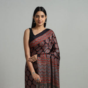 Black - Natural Dyed Hand Block Print Modal Silk Ajrakh Saree 16