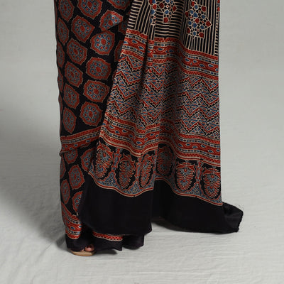 Black - Natural Dyed Hand Block Print Modal Silk Ajrakh Saree 16