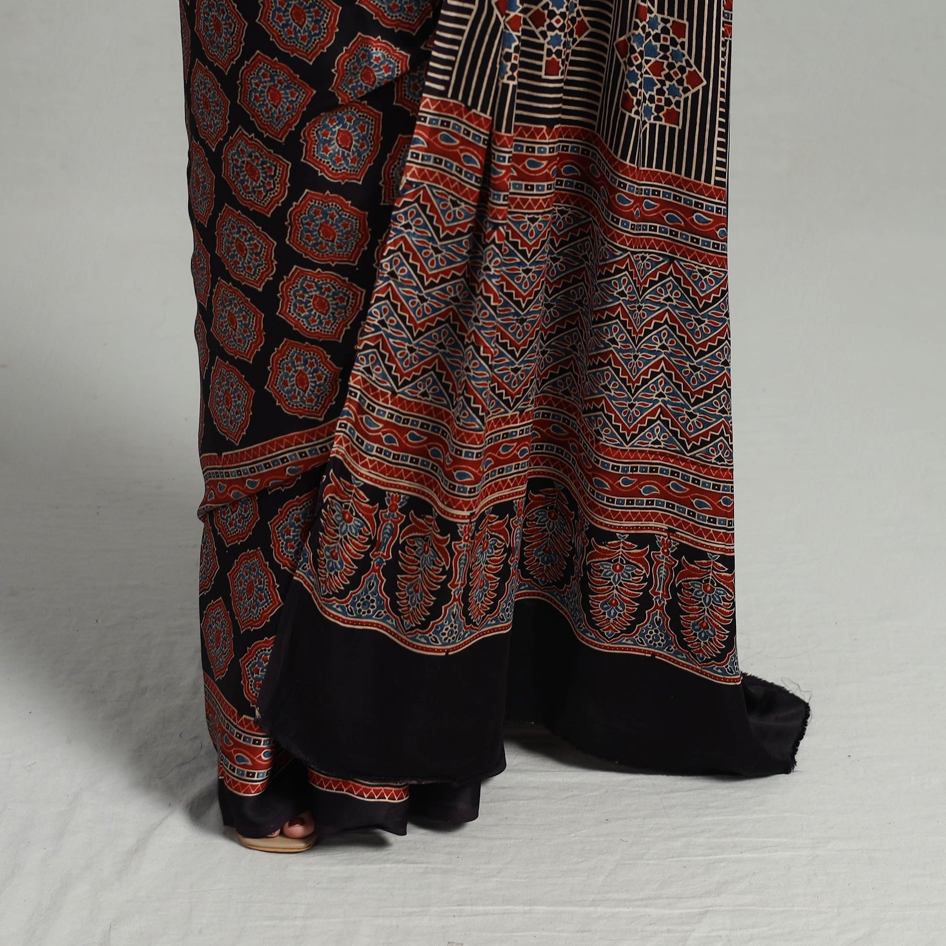 Black - Natural Dyed Hand Block Print Modal Silk Ajrakh Saree 16