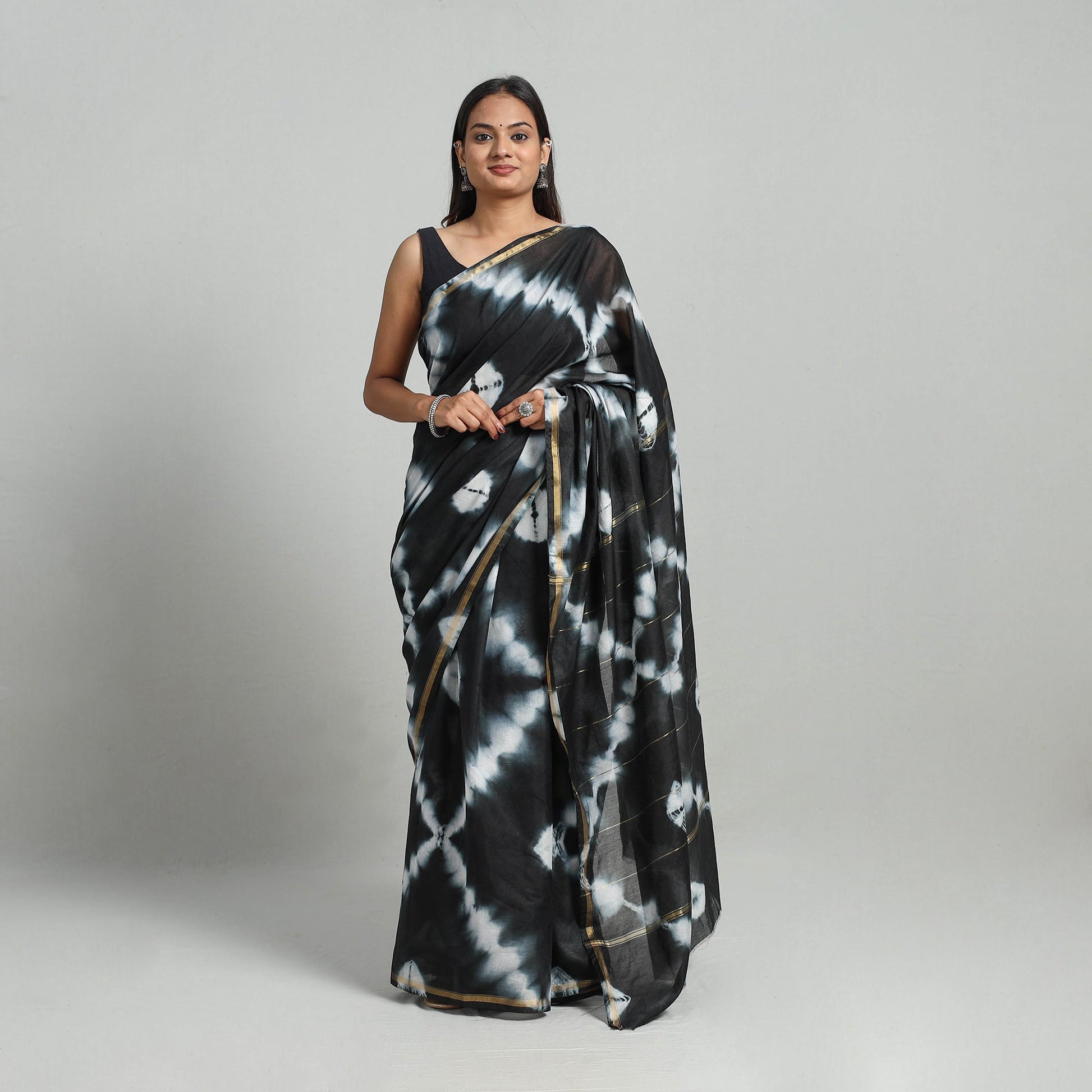 Black - Tie & Dye Chanderi Silk Shibori Saree with Zari Border 07
