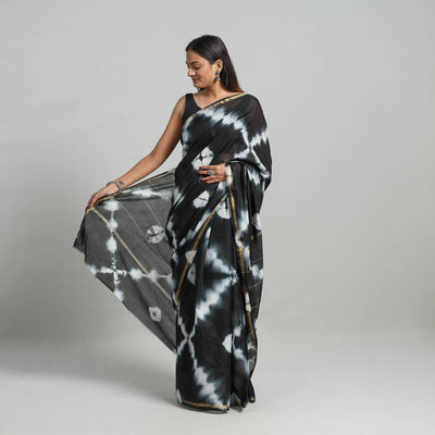 Black - Tie & Dye Chanderi Silk Shibori Saree with Zari Border 07