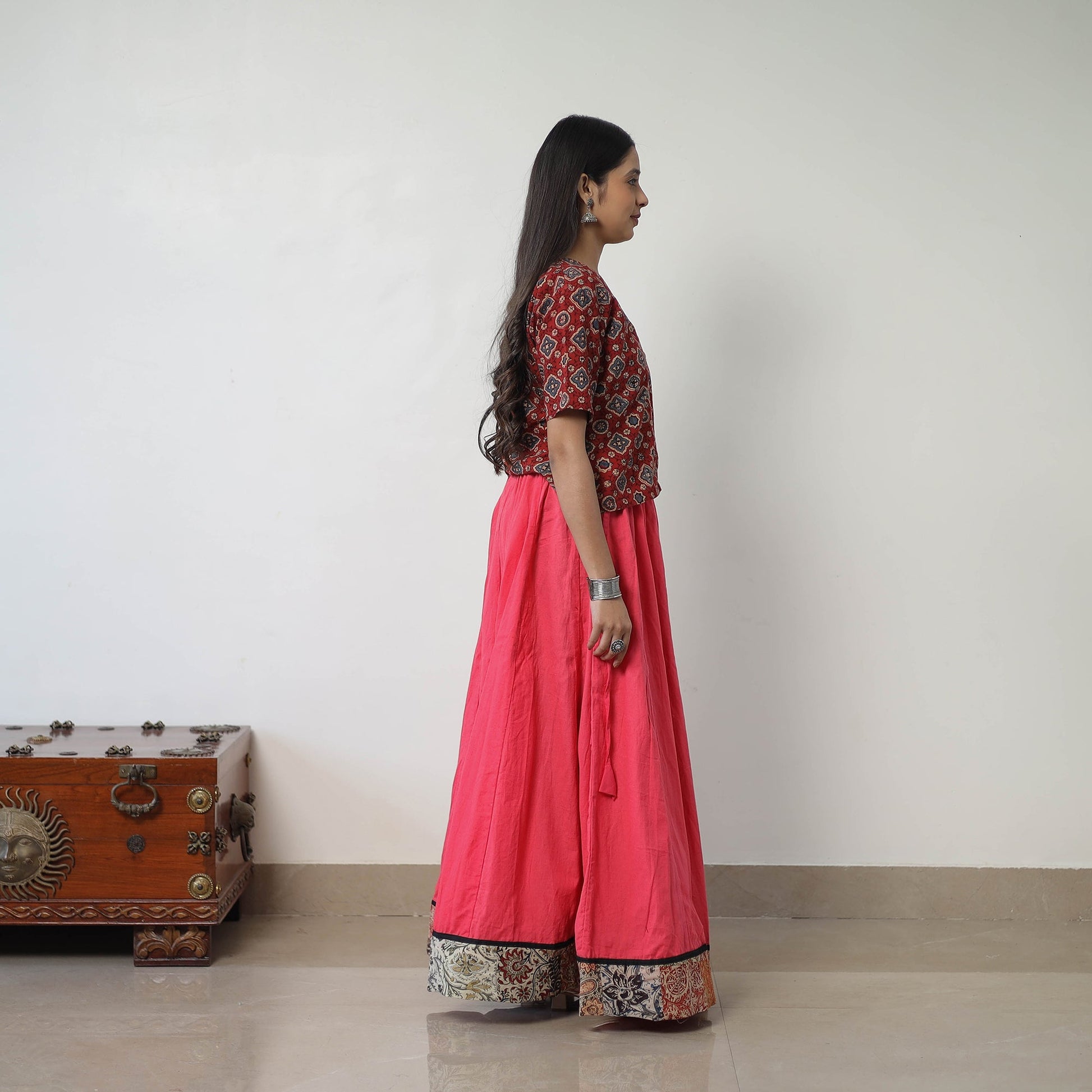24 Kali Plain Cotton Skirt with Patchwork Border 07