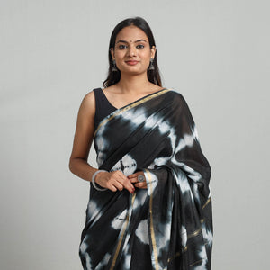 Black - Tie & Dye Chanderi Silk Shibori Saree with Zari Border 07