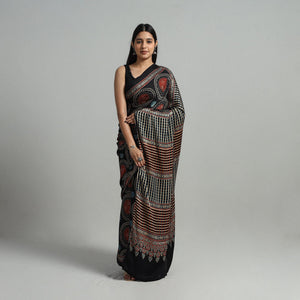 Black - Natural Dyed Hand Block Print Modal Silk Ajrakh Saree 19
