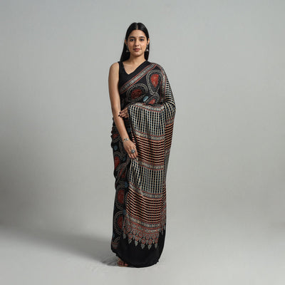 Black - Natural Dyed Hand Block Print Modal Silk Ajrakh Saree 19