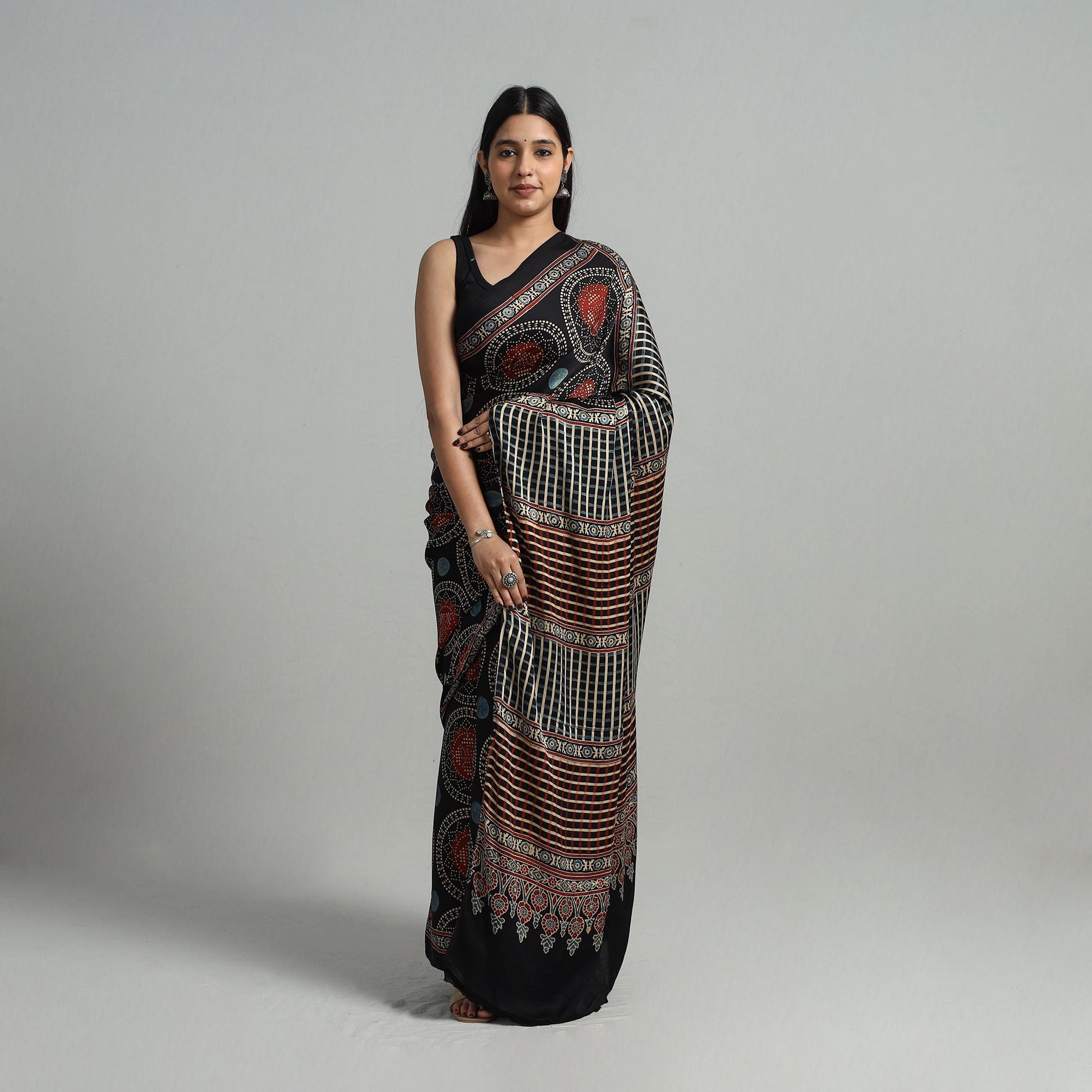 Black - Natural Dyed Hand Block Print Modal Silk Ajrakh Saree 19