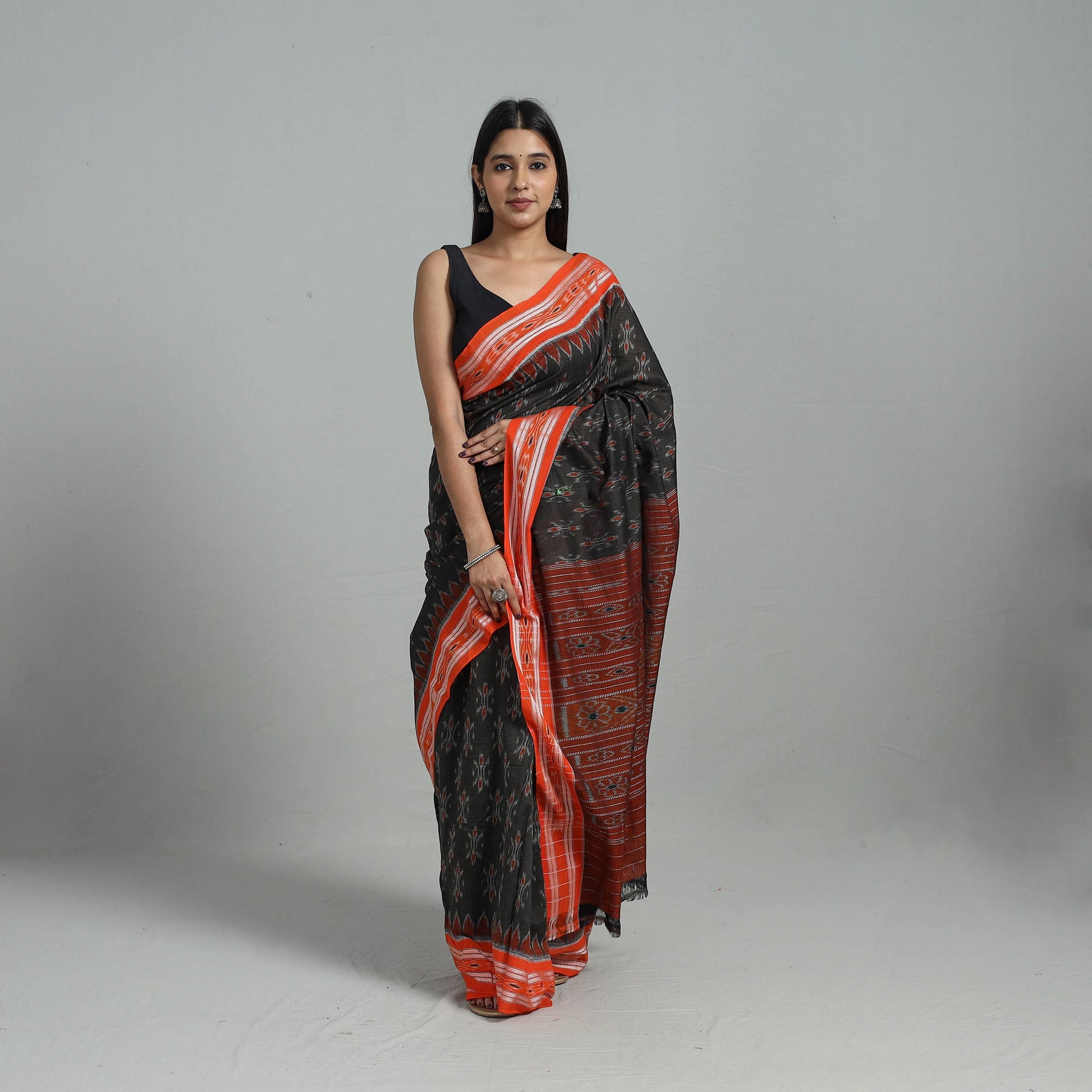 Brown - Ikat Weave Handloom Cotton Sambalpuri Saree 11