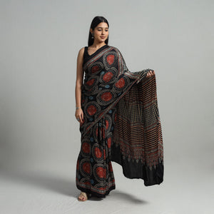 Black - Natural Dyed Hand Block Print Modal Silk Ajrakh Saree 19