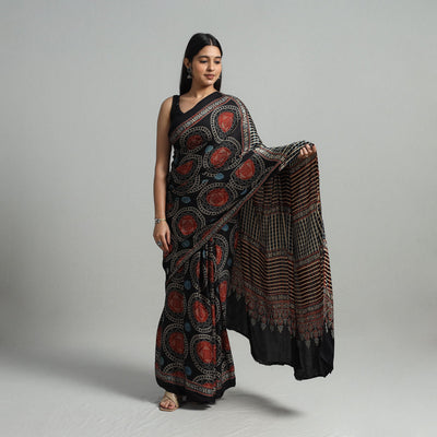 Black - Natural Dyed Hand Block Print Modal Silk Ajrakh Saree 19