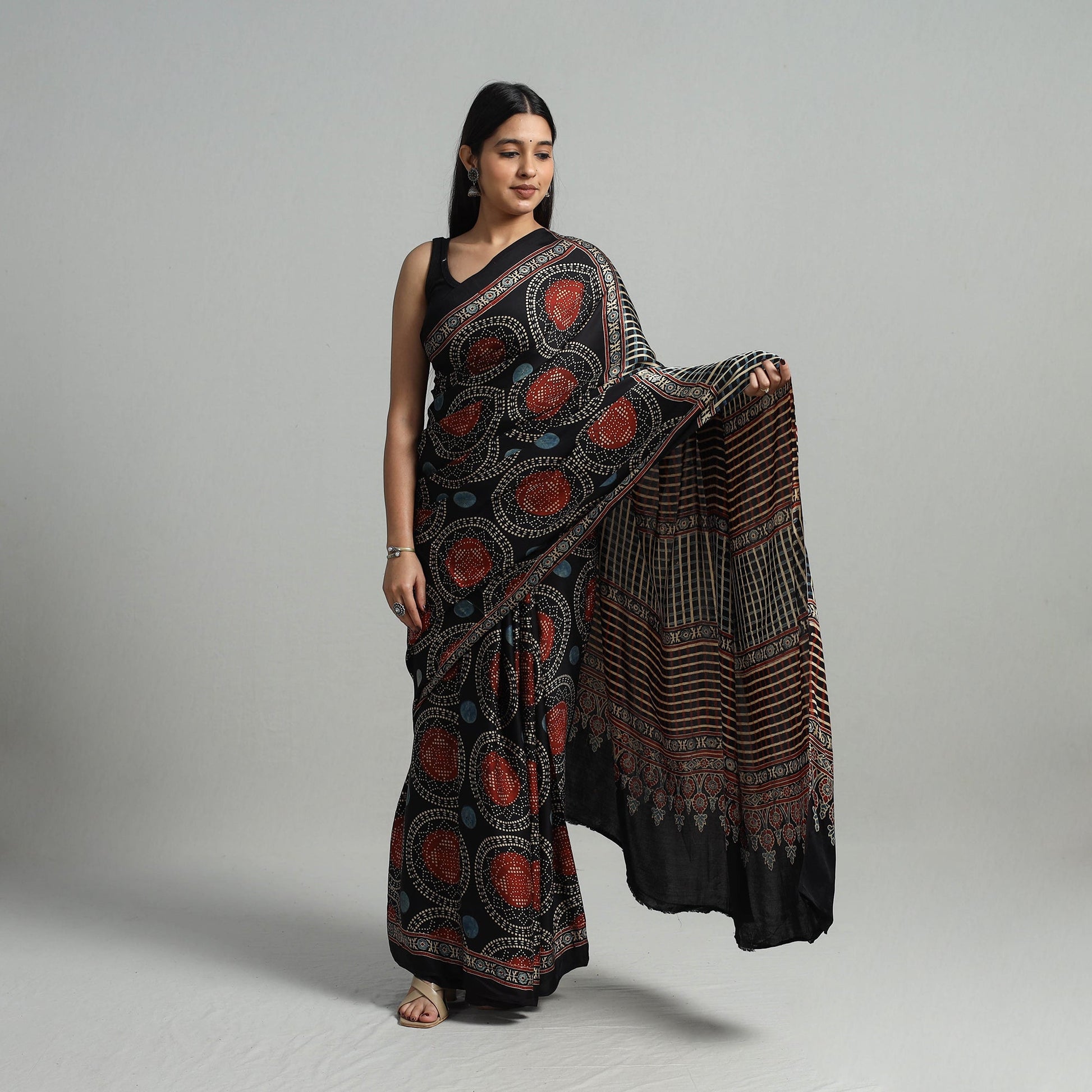 Black - Natural Dyed Hand Block Print Modal Silk Ajrakh Saree 19