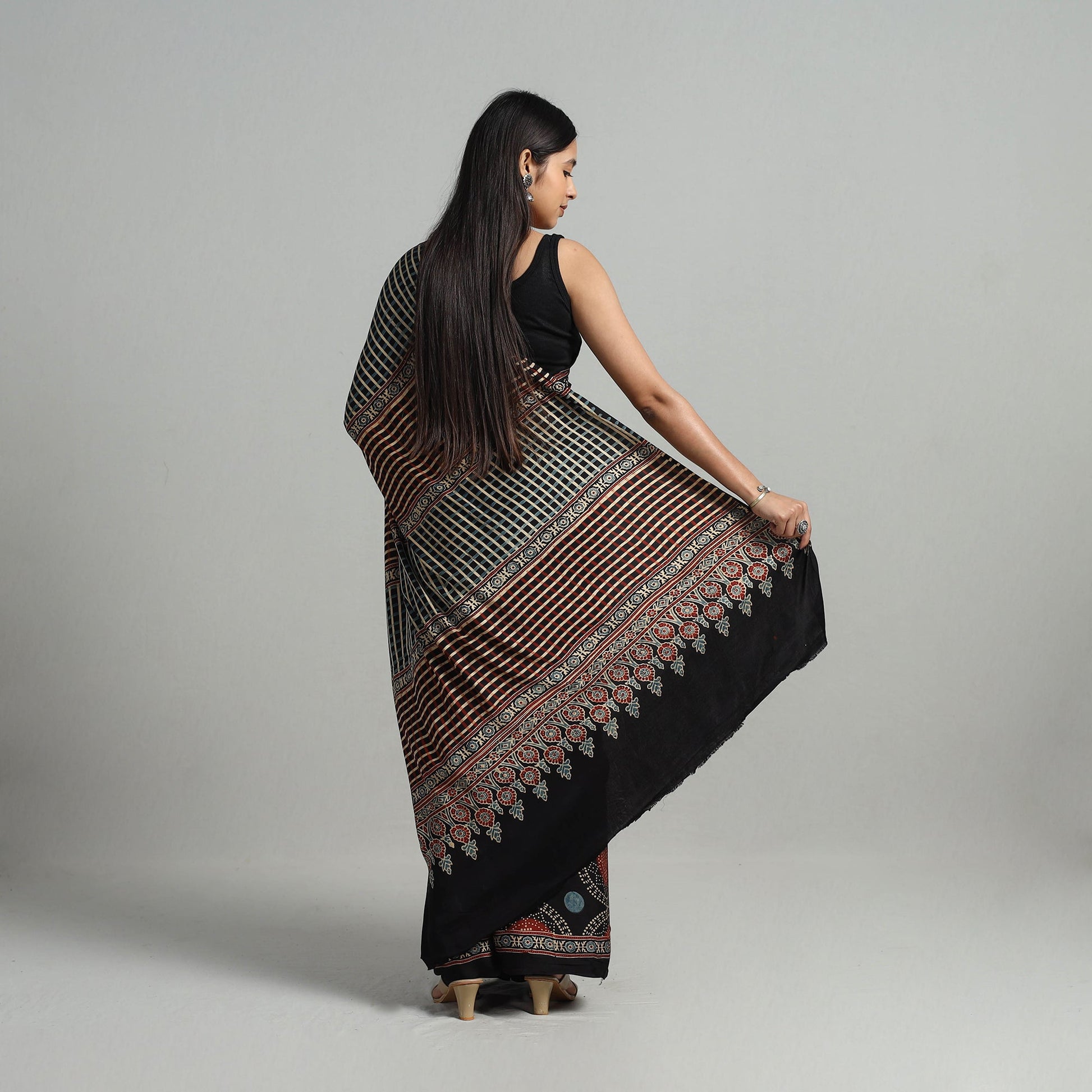 Black - Natural Dyed Hand Block Print Modal Silk Ajrakh Saree 19