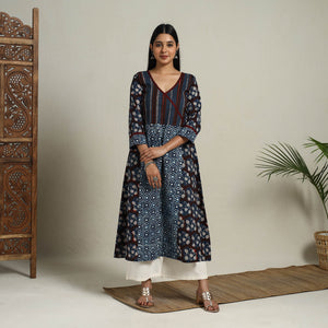 Brown - Block Print Mosaic Fusion A-Line Bagru Cotton Kurta