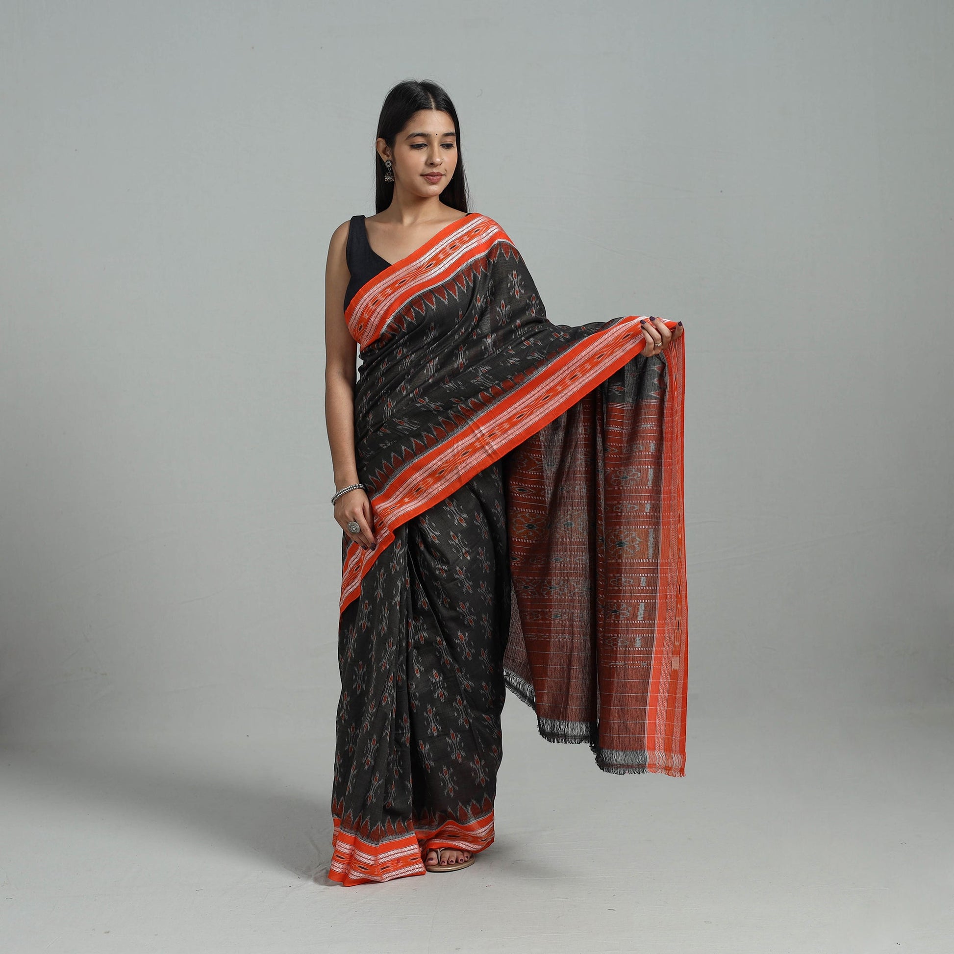 Brown - Ikat Weave Handloom Cotton Sambalpuri Saree 11