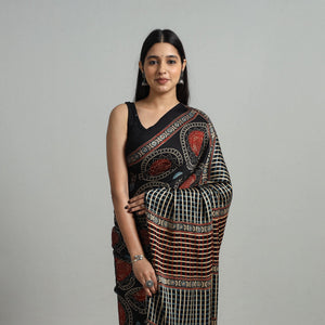 Black - Natural Dyed Hand Block Print Modal Silk Ajrakh Saree 19