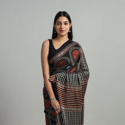 Black - Natural Dyed Hand Block Print Modal Silk Ajrakh Saree 19