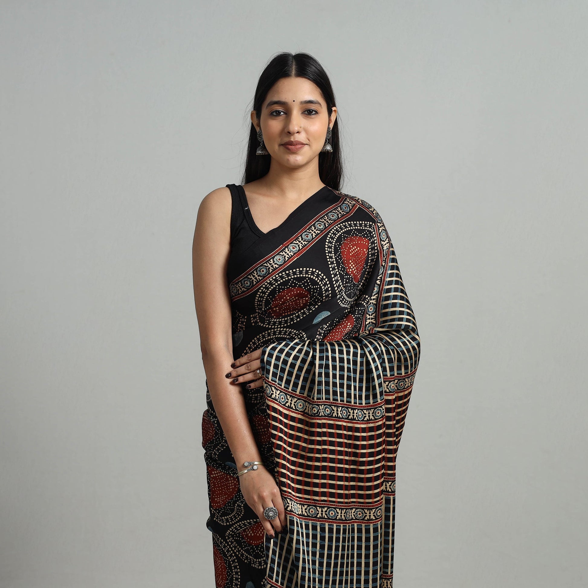 Black - Natural Dyed Hand Block Print Modal Silk Ajrakh Saree 19