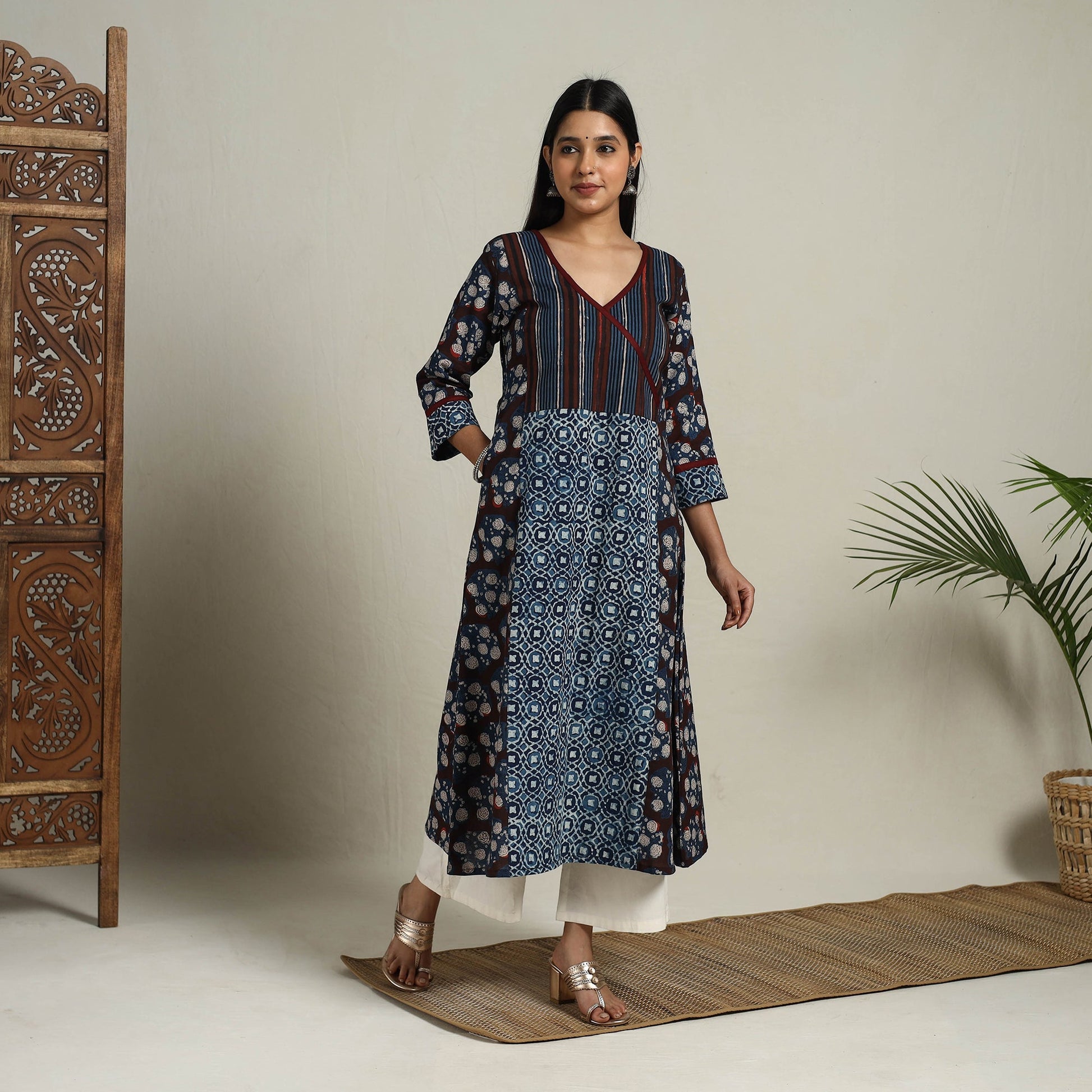 Brown - Block Print Mosaic Fusion A-Line Bagru Cotton Kurta