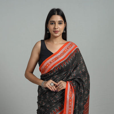 Brown - Ikat Weave Handloom Cotton Sambalpuri Saree 11