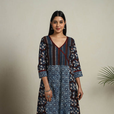 Brown - Block Print Mosaic Fusion A-Line Bagru Cotton Kurta
