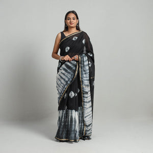 Black - Tie & Dye Chanderi Silk Shibori Saree with Zari Border 09