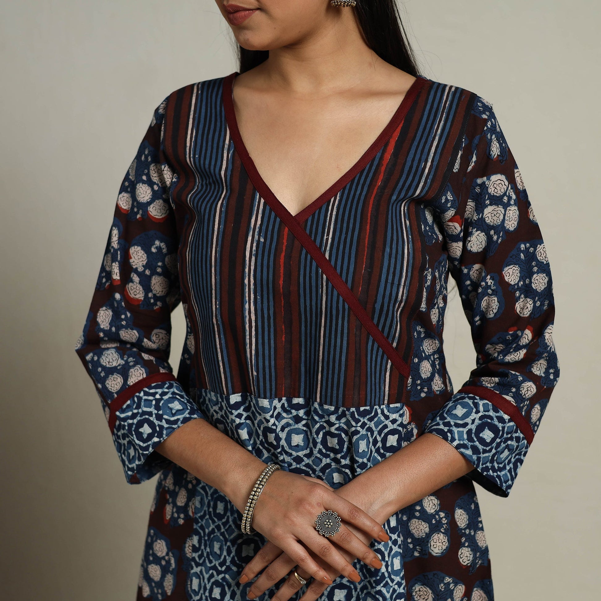 Brown - Block Print Mosaic Fusion A-Line Bagru Cotton Kurta