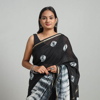 Black - Tie & Dye Chanderi Silk Shibori Saree with Zari Border 09