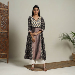 Black - Block Print Mosaic Fusion A-Line Bagru Cotton Kurta
