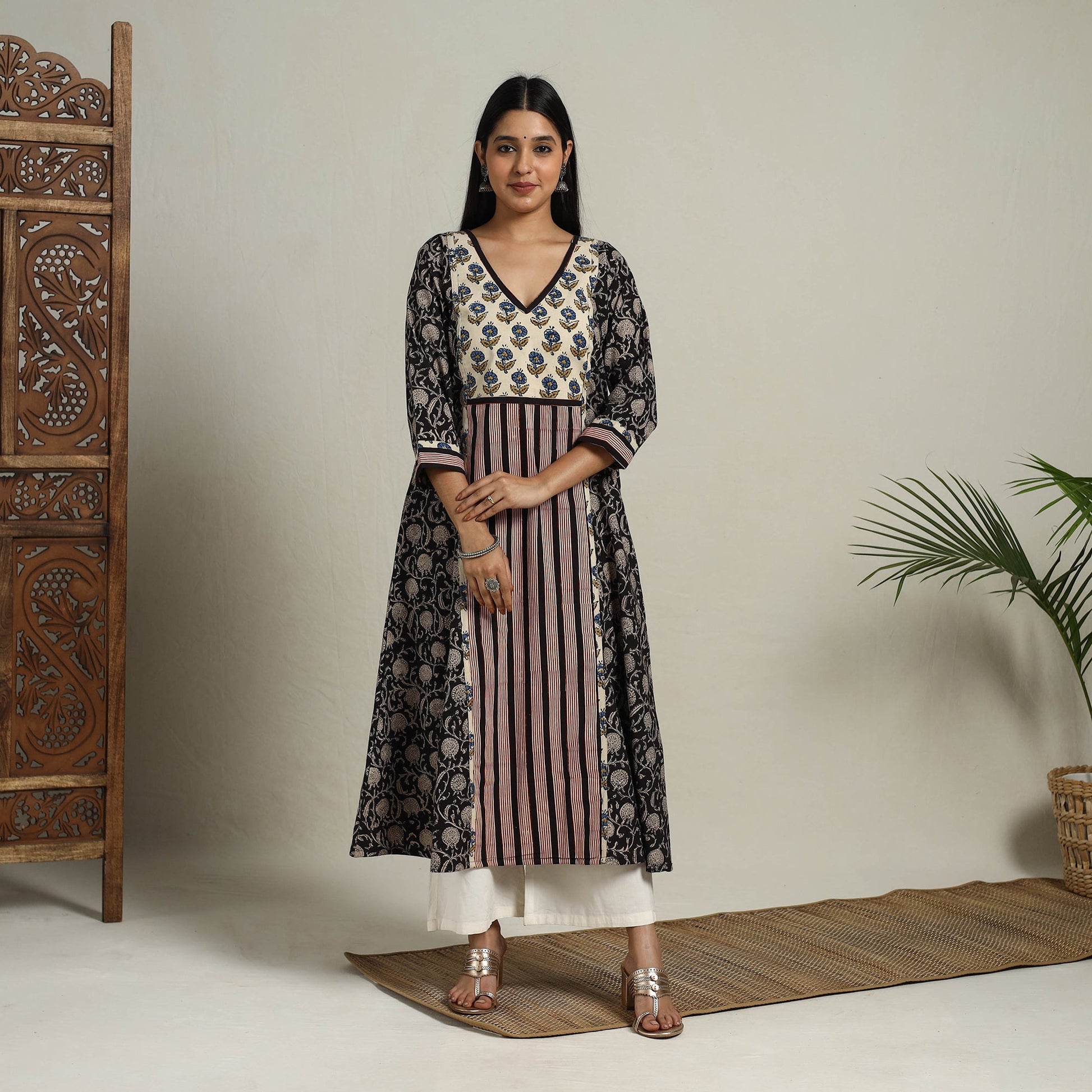 Black - Block Print Mosaic Fusion A-Line Bagru Cotton Kurta