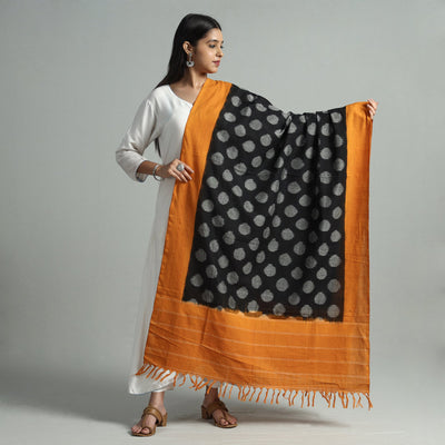 Black - Pochampally Double Ikat Cotton Handloom Dupatta with Tassels 56