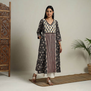Black - Block Print Mosaic Fusion A-Line Bagru Cotton Kurta