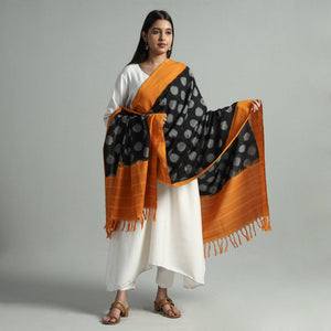 Black - Pochampally Double Ikat Cotton Handloom Dupatta with Tassels 56