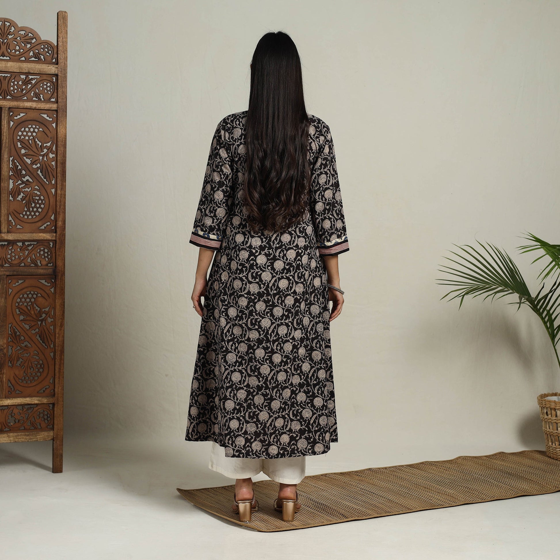 Black - Block Print Mosaic Fusion A-Line Bagru Cotton Kurta