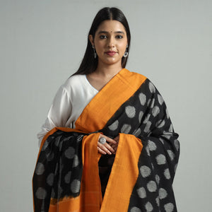 Black - Pochampally Double Ikat Cotton Handloom Dupatta with Tassels 56