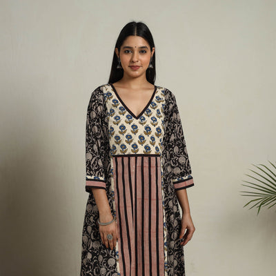Black - Block Print Mosaic Fusion A-Line Bagru Cotton Kurta