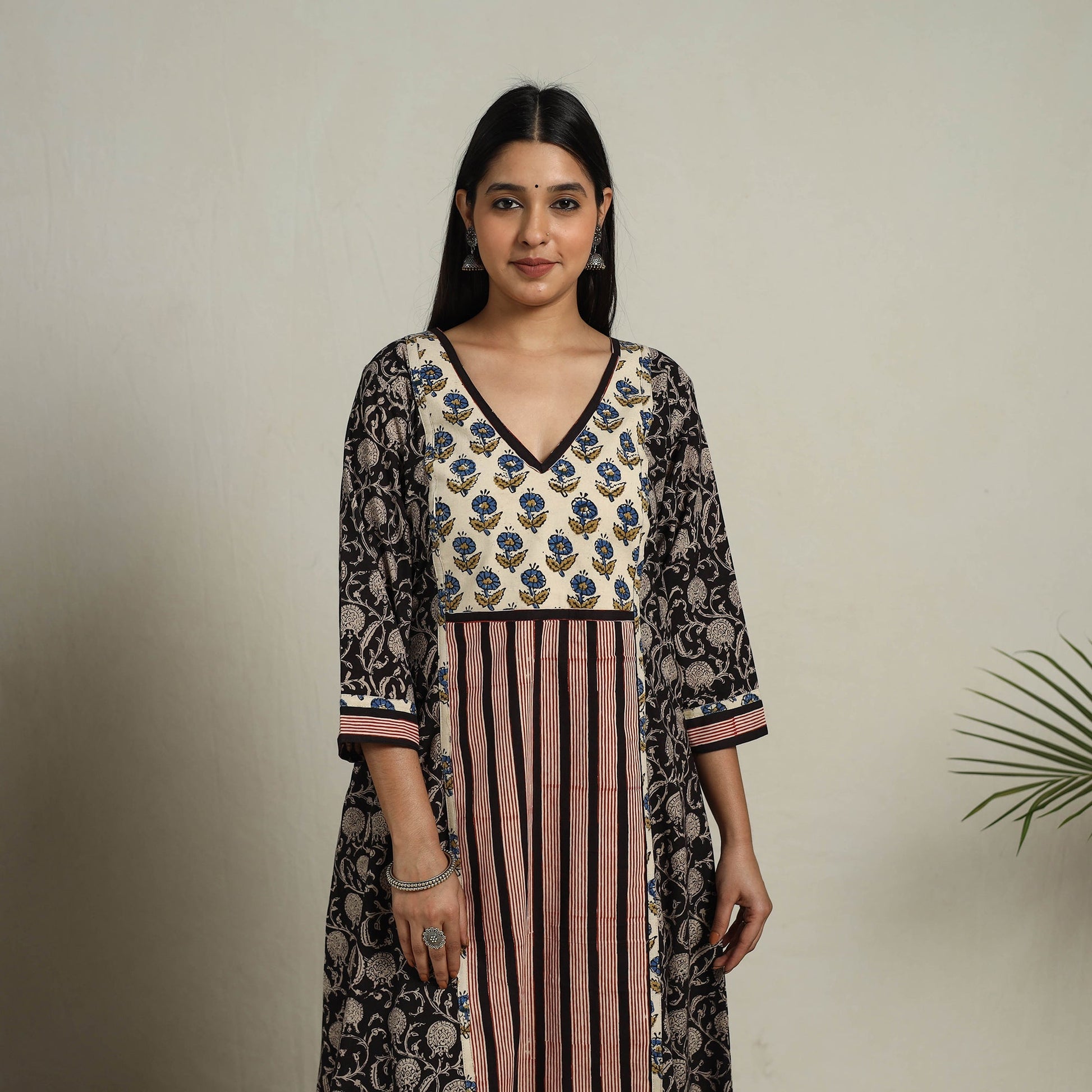Black - Block Print Mosaic Fusion A-Line Bagru Cotton Kurta
