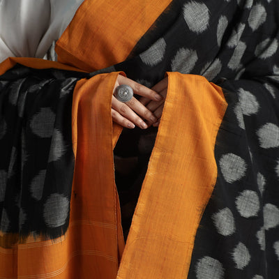 Black - Pochampally Double Ikat Cotton Handloom Dupatta with Tassels 56