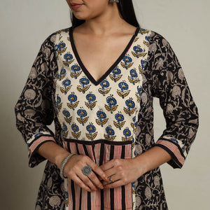 Black - Block Print Mosaic Fusion A-Line Bagru Cotton Kurta