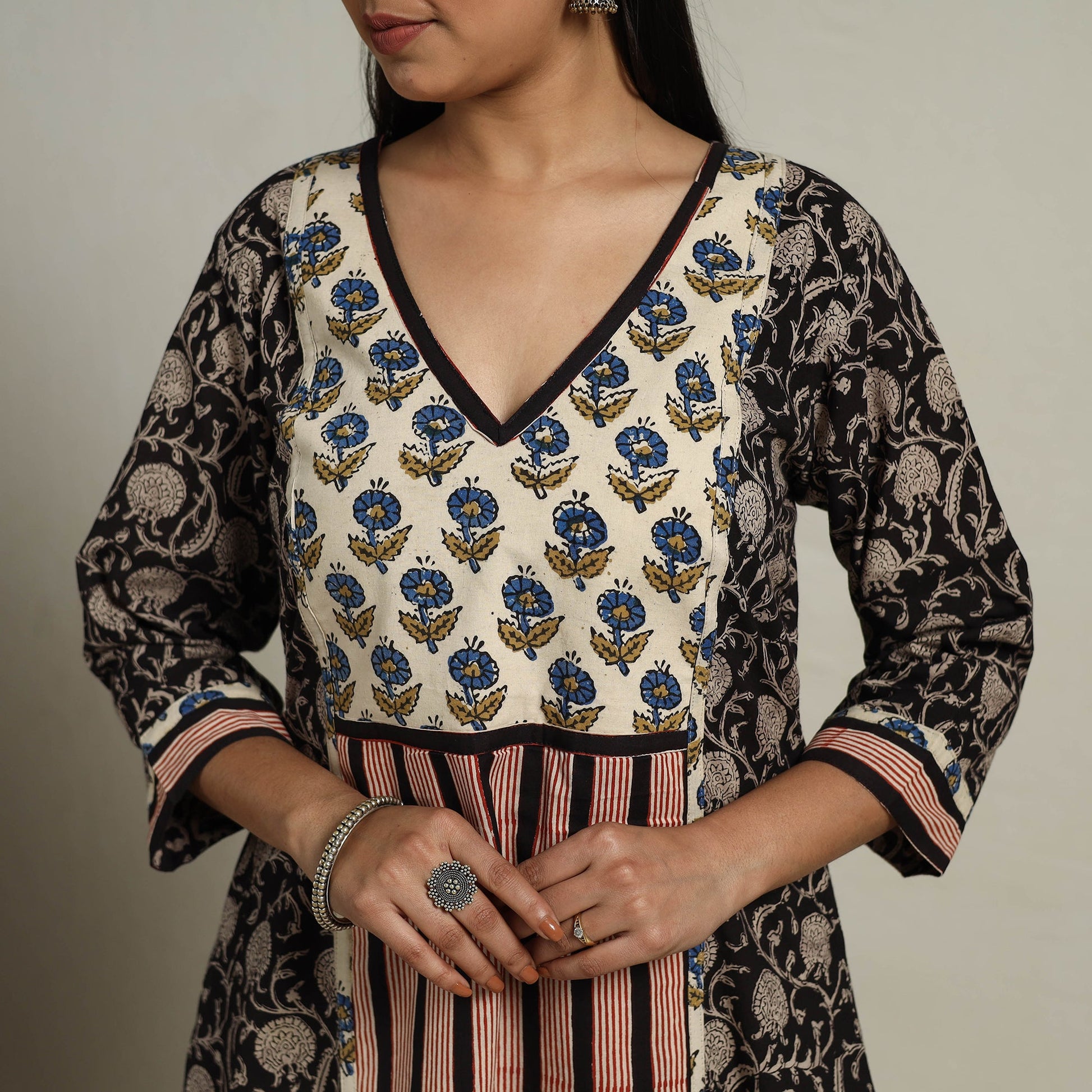Black - Block Print Mosaic Fusion A-Line Bagru Cotton Kurta