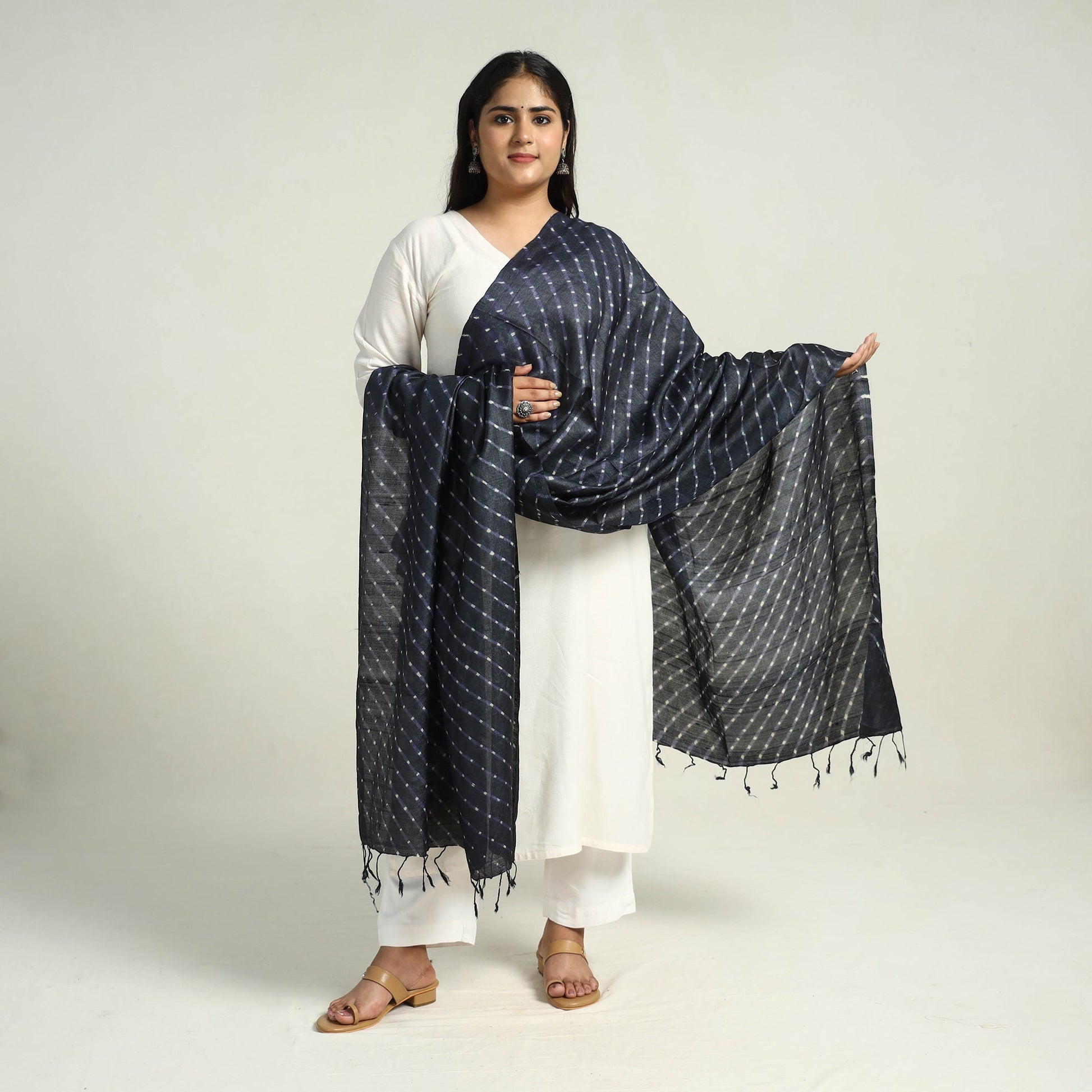 Black - Traditional Tie & Dye Tussar Silk Leheriya Dupatta 28