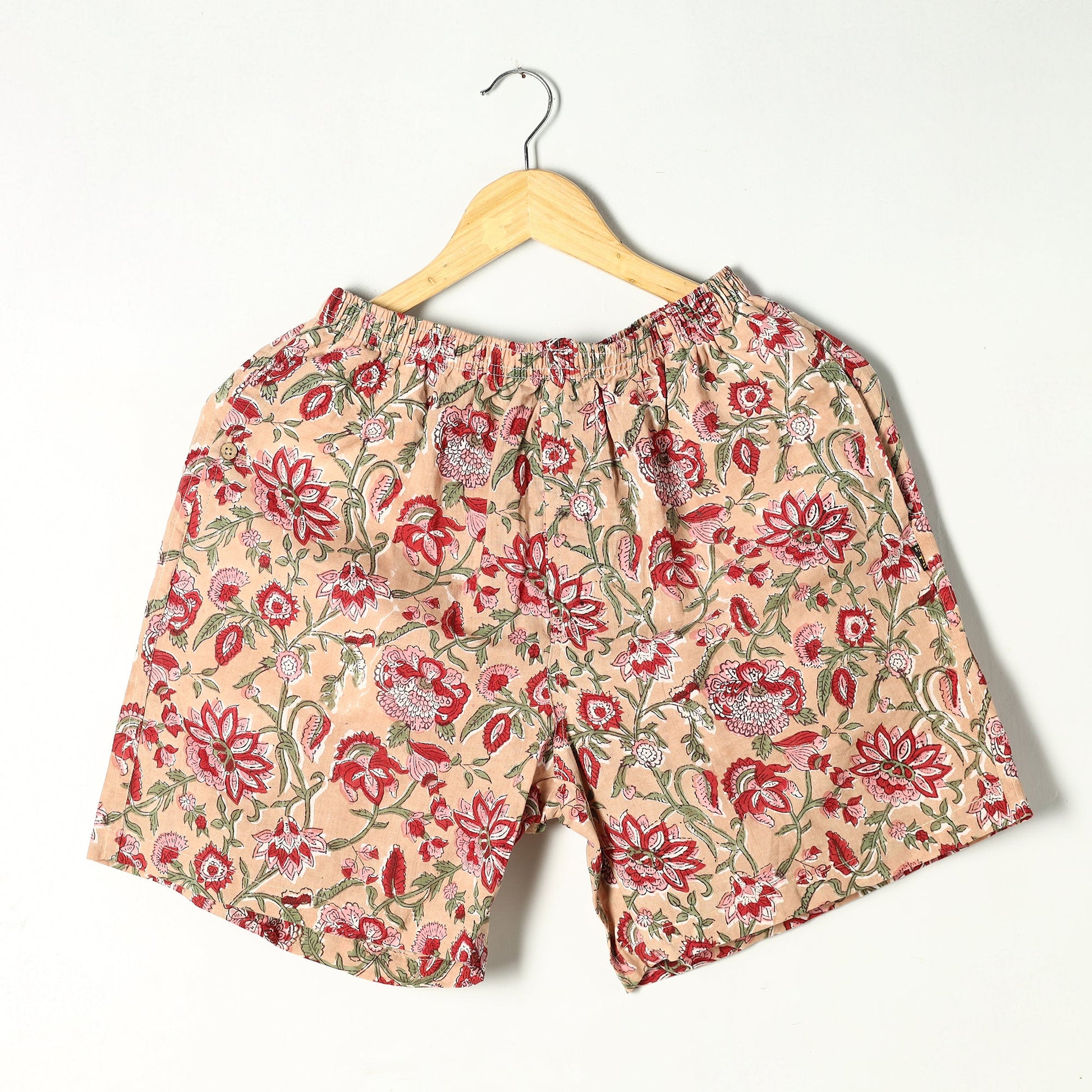 Beige - Sanganeri Block Printed Cotton Unisex Boxer/Shorts
