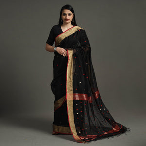 Black - Traditional Handloom Triangle Buti Maheshwari Silk Saree