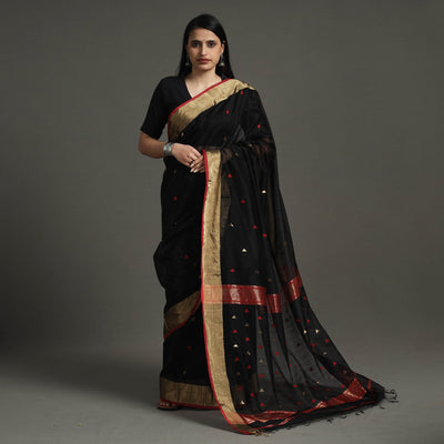 Black - Traditional Handloom Triangle Buti Maheshwari Silk Saree