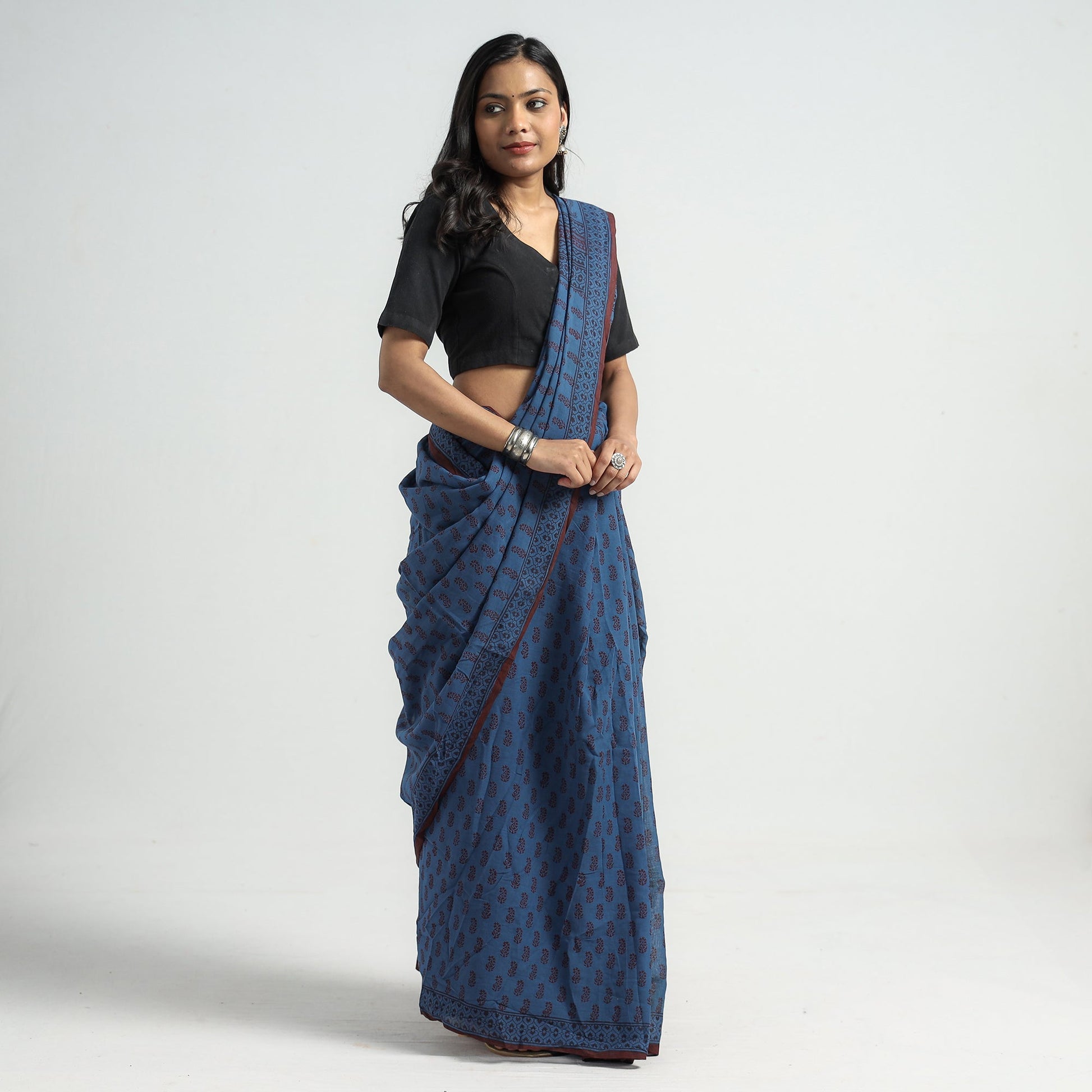 Blue - Bagh Hand Block Printed Cotton Saree