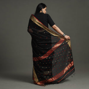 Black - Traditional Handloom Triangle Buti Maheshwari Silk Saree