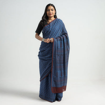 Blue - Bagh Hand Block Printed Cotton Saree