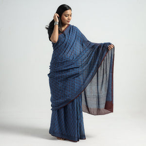 Blue - Bagh Hand Block Printed Cotton Saree