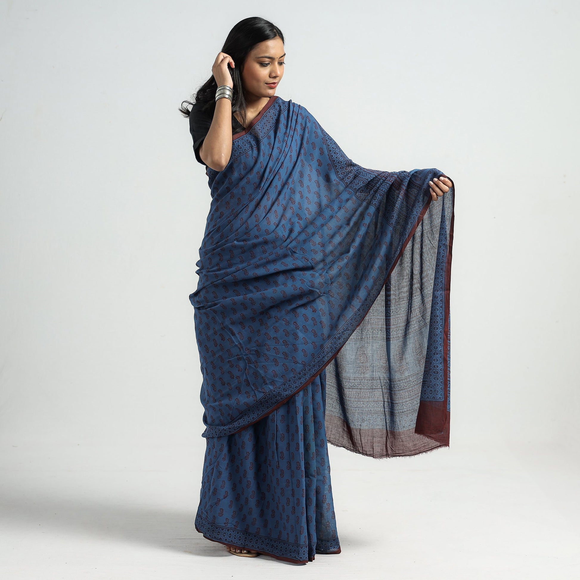 Blue - Bagh Hand Block Printed Cotton Saree